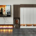 Modern TV Background Wall With Marble Panel White Cabinet And Fireplace Lighting Design 3d model