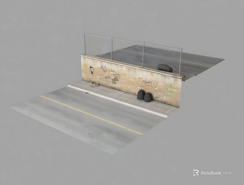 Brick Building Exterior Wall With Graffiti And Glass Fence On Concrete Pavement 3d model 