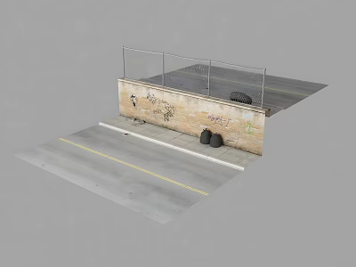 Brick Building Exterior Wall With Graffiti And Glass Fence On Concrete Pavement 3d model