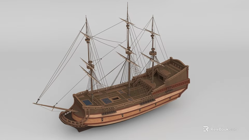 Wooden Sailing Ship Model With Multiple Masts Detailed Rigging And Wooden Deck 3d model 