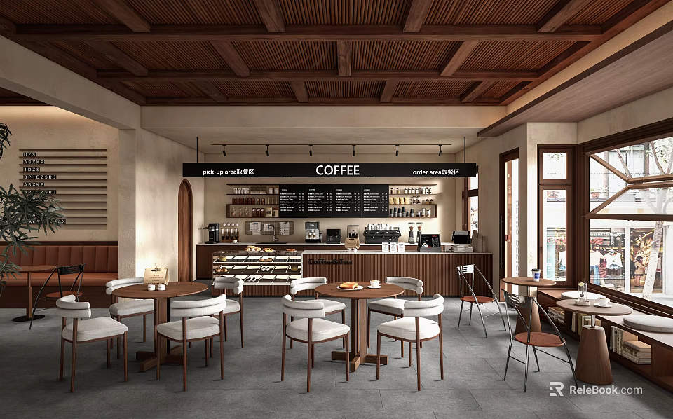 Cozy Café Interior With Wooden Ceiling Counter Menu Board Tables And Chairs 3d model 