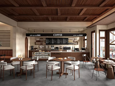 Cozy Café Interior With Wooden Ceiling Counter Menu Board Tables And Chairs 3d model