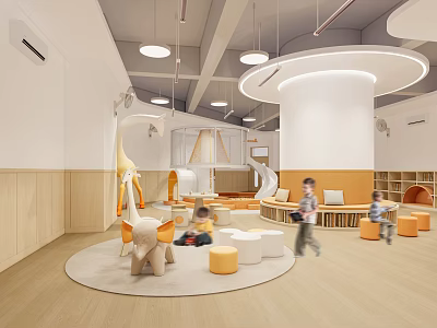 Modern Kindergarten Interior With Kids Playing Orange White Furniture Wooden Elements And Round Area 3d model