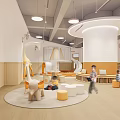 Modern Kindergarten Interior With Kids Playing Orange White Furniture Wooden Elements And Round Area