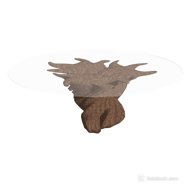 Dining Table With Transparent Glass Top And Unique Natural Wooden Base Design 3d model 