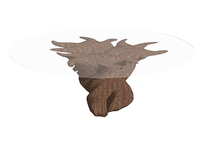 Dining Table With Transparent Glass Top And Unique Natural Wooden Base Design 3d model