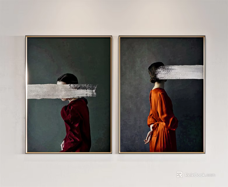 Pair of Portrait Paintings with Red and Orange Clothing White Stripes Covering Faces Dark Background 3d model 