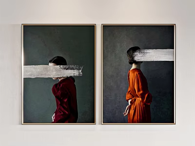 Pair of Portrait Paintings with Red and Orange Clothing White Stripes Covering Faces Dark Background 3d model
