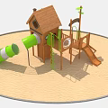 Outdoor Wooden Playground Playhouse With Green White Slide Climbing Net Small Windows And Ladder