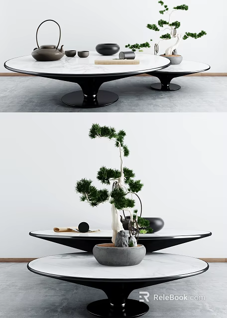 Sleek modern black coffee table with green bonsai tree and decorative items on smooth surface 3d model 