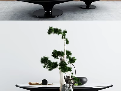 Sleek modern black coffee table with green bonsai tree and decorative items on smooth surface 3d model