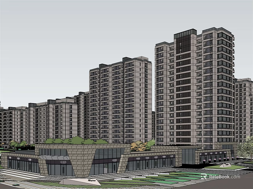 Modern High Rise Residential Buildings Featuring Contemporary Facade Low Rise Structures And Greenery 3d model 
