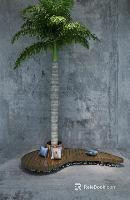 Stylish Outdoor Chair Placed By Palm Tree With Golden Pot Against Gray Concrete Wall 3d model 