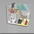 Miniature Room Model Interior With Bed Bookshelf Sofa TV And Coffee Table 3d model
