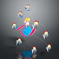 Girl Character Surrounded by Small Winged Creatures Wearing Red Headpieces Connected by Threads 3d model