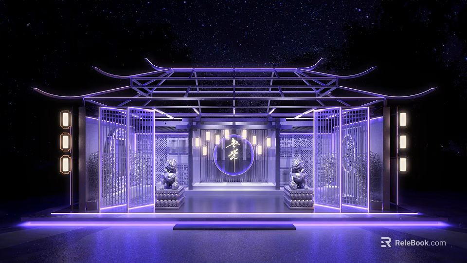 Traditional Chinese Architectural Pavilion With Purple Lighting Lattice Windows Stone Lions And Family Emblem 3d model 