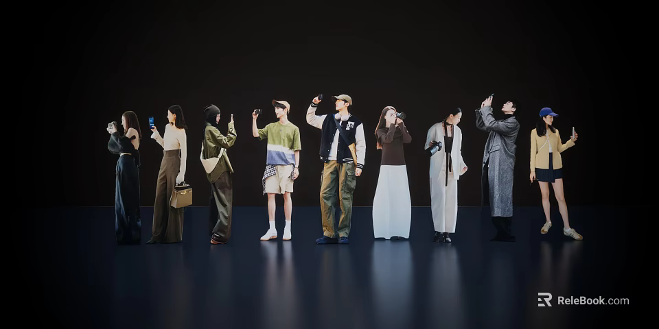 Fashion Models Group Showcasing Various Stylish Outfits on Dark Stage 3d model 