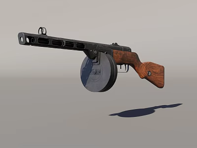 Vintage Military Submachine Gun With Wooden Stock Circular Magazine And Metal Components 3d model