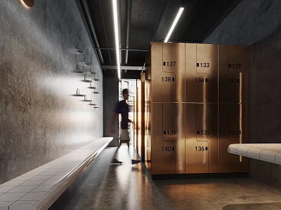 Brass Numbered Lockers In Industrial Hallway With Bench Gray Walls And Lighting 3d model