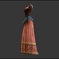 Red Floral Pattern Dress With Puffed Sleeves Green Sash And Fitted Waist