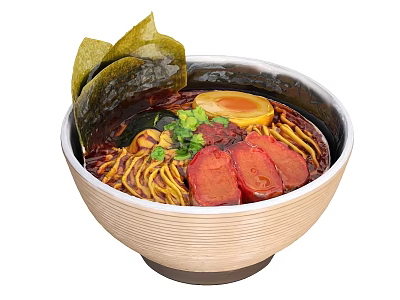 Savory Ramen in Wooden Bowl with Chashu Soft Boiled Egg Nori and Scallions 3d model