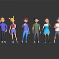 Animated Game Movie Characters With Six Different Hairstyles And Outfits On Black Background With Reflections