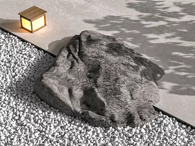 Natural Rockery Stone Decor In Garden With Pebbles Lantern And Tree Shadows 3d model