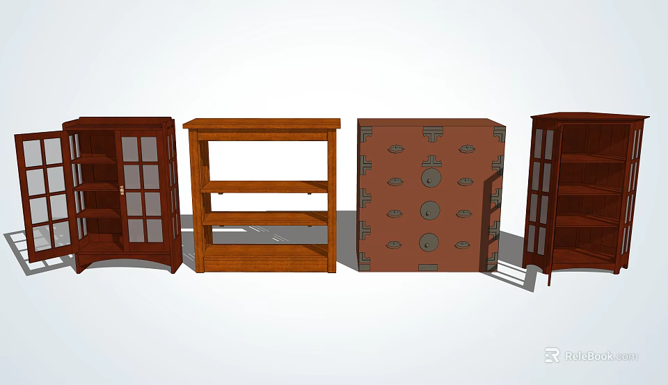 Four Different Wooden Dressers With Glass Doors Open Shelves And Decorative Patterns 3d model 