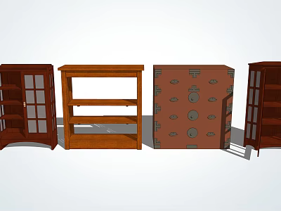 Four Different Wooden Dressers With Glass Doors Open Shelves And Decorative Patterns 3d model