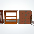 Four Different Wooden Dressers With Glass Doors Open Shelves And Decorative Patterns