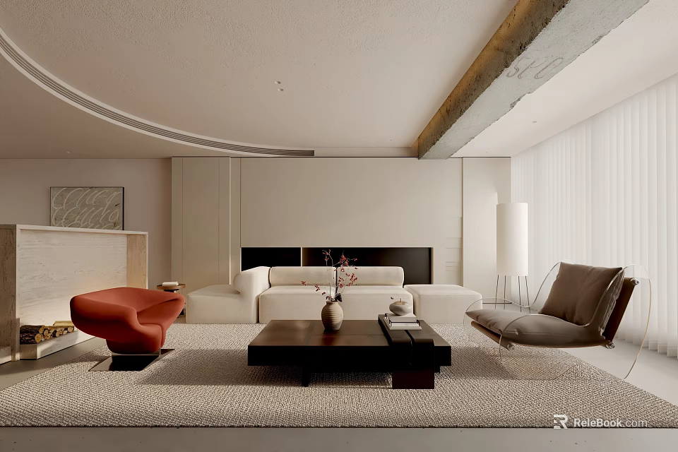 Modern Minimalist Living Room Interior With White Sofa Red Armchair Gray Chair And Coffee Table 3d model 