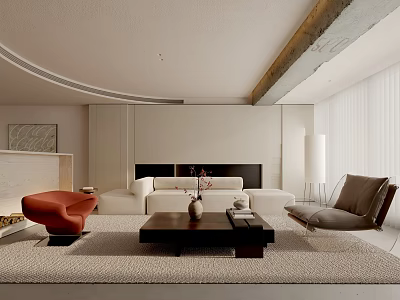 Modern Minimalist Living Room Interior With White Sofa Red Armchair Gray Chair And Coffee Table 3d model