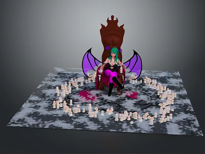 Game Movie Character With Green Hair Purple Wings Sitting On Throne Surrounded By Candles 3d model