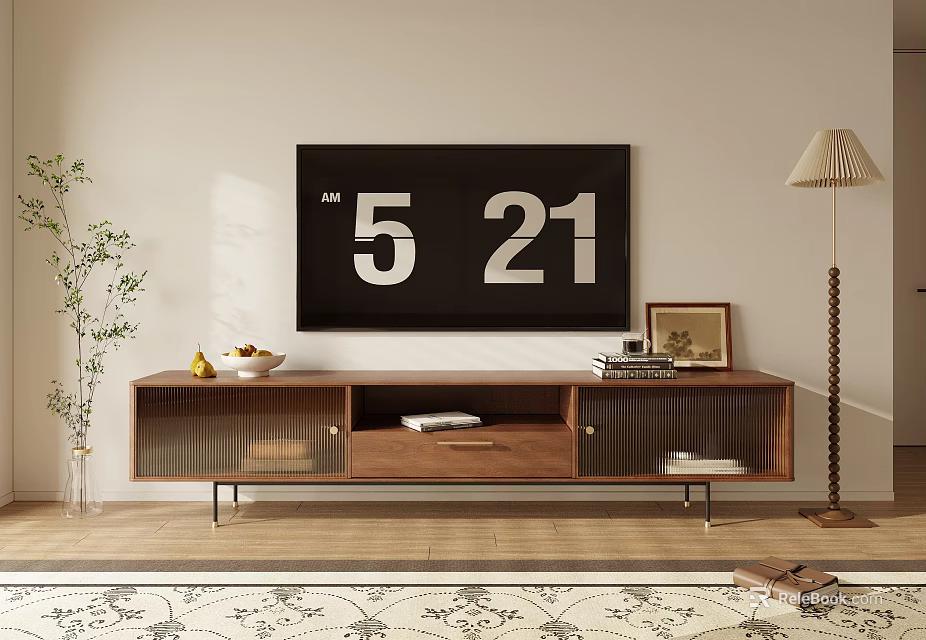 Modern Wooden TV Stand with Storage Decorative Items Floor Lamp and Potted Plant 3d model 