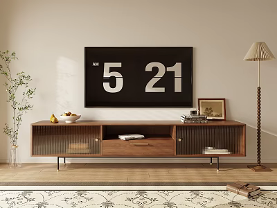 Modern Wooden TV Stand with Storage Decorative Items Floor Lamp and Potted Plant 3d model