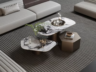 Stylish Modern Marble Top Coffee Tables In Living Room With Decorative Plants And Tray 3d model