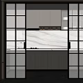 Modern Kitchen Interior With Glass Sliding Doors And Wooden Cabinets Marble Countertop