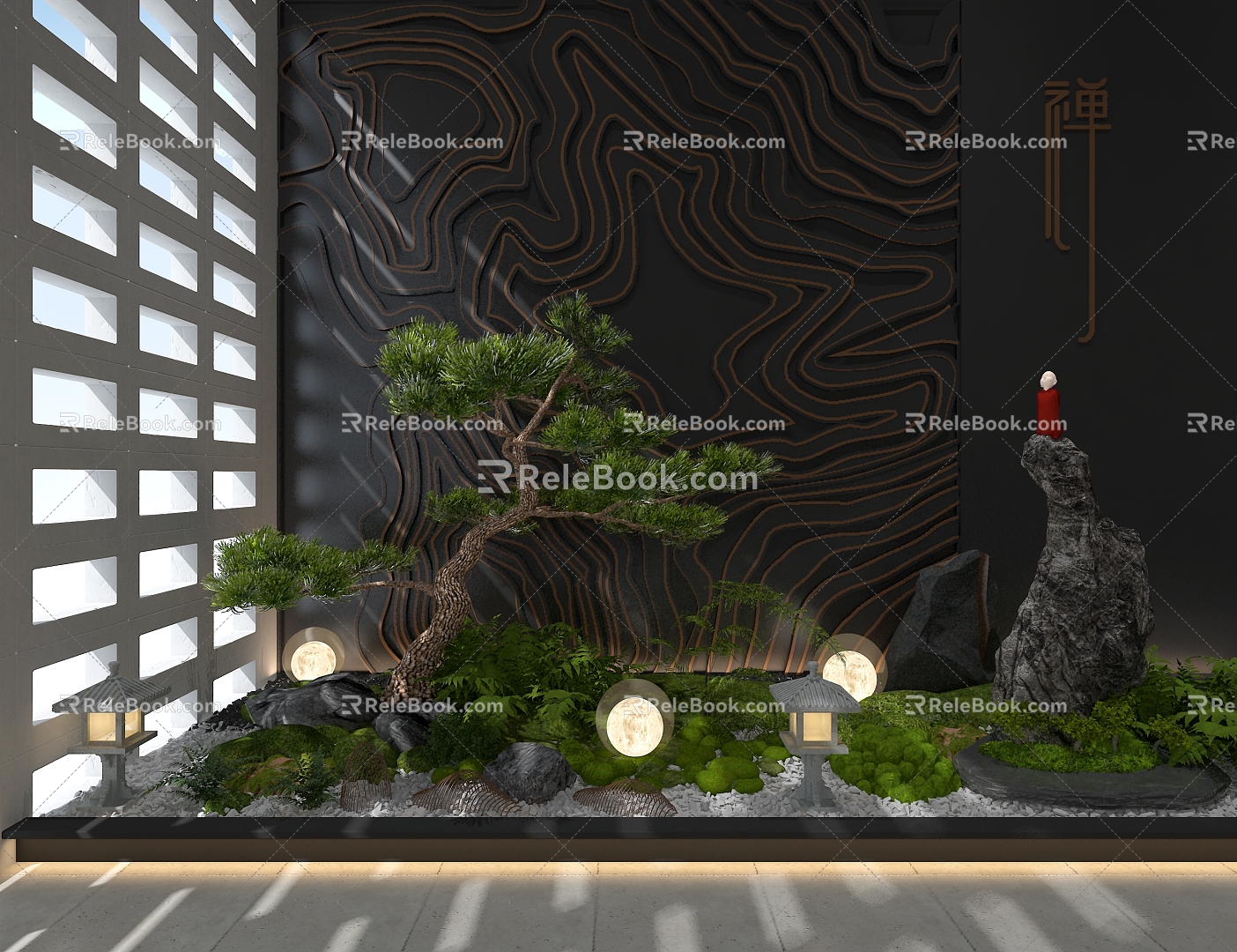 Courtyard landscape garden sketch pine rockery 3d model