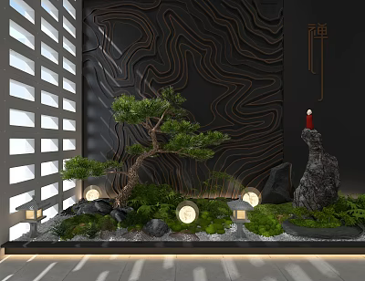 Modern Indoor Garden With Bonsai Pine Tree Green Plants Stones And Round Lights 3d model