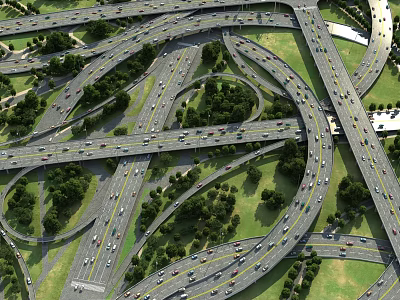 Complex Multi Lane Interchange Bridge With Vehicles Driving Surrounded By Green Vegetation And Trees 3d model
