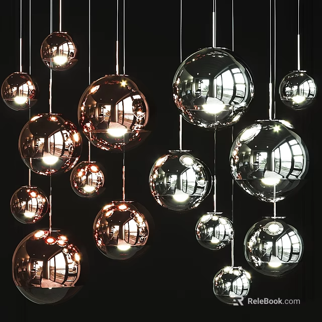 Stylish Modern Spherical Chandeliers With Reflective Metallic Surfaces For Interior Decoration 3d model 