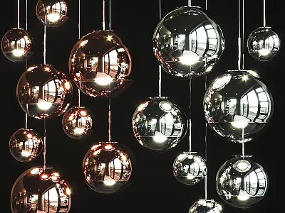 Stylish Modern Spherical Chandeliers With Reflective Metallic Surfaces For Interior Decoration 3d model