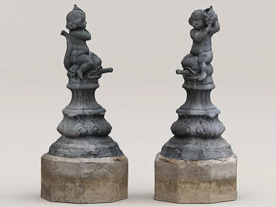 Two Intricately Carved Cherub Sculptures With Classical Ornate Decorative Pedestals 3d model