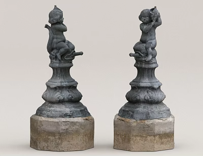 Two Intricately Carved Cherub Sculptures With Classical Ornate Decorative Pedestals 3d model