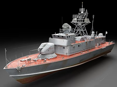 Modern Warship With Radar Tower And Deck Equipment On Hull Structure 3d model
