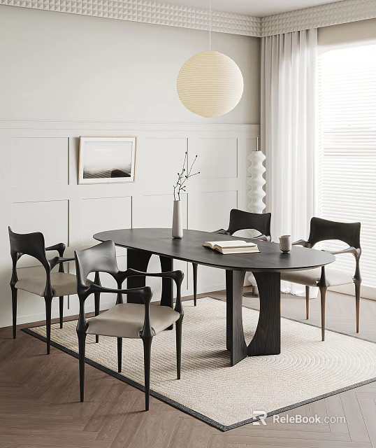 Modern Dining Room With White Walls Black Oval Table Beige Cushioned Chairs And Pendant Light 3d model 