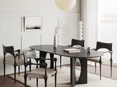 Modern Dining Room With White Walls Black Oval Table Beige Cushioned Chairs And Pendant Light 3d model