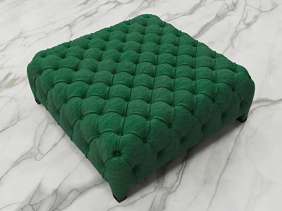 Elegant Green Tufted Fabric Ottoman with Decorative Button Design on Marble Surface 3d model