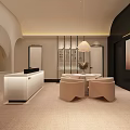 Modern Hotel Lobby Interior With Archway Pendant Light Beige Armchairs And Wooden Bookshelves