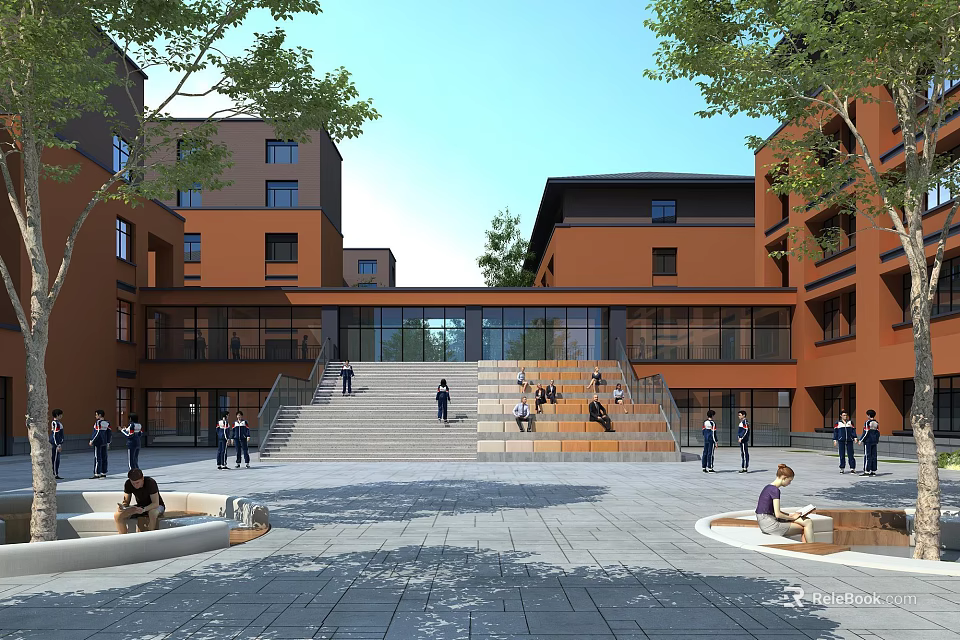Campus Garden Landscape With Red Brick Buildings Stone Steps Trees Water Features And People 3d model 